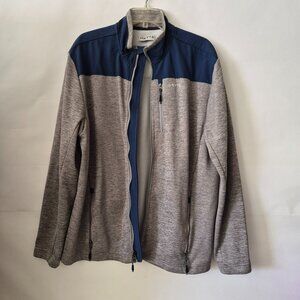 Orvis Mens L Colorblock Gray Navy Blue Full Zip Jacket Sweater 5 Pockets Logo